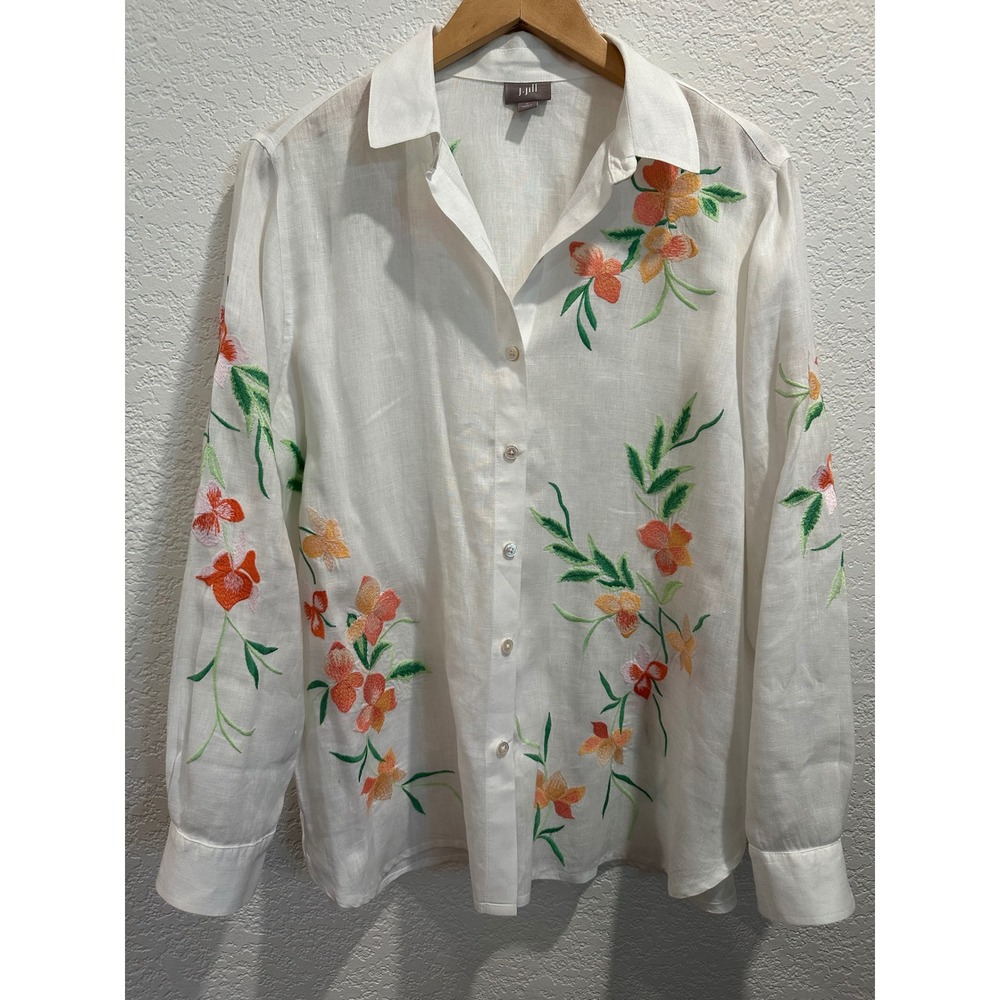 J. Jill White Linen Orange Floral Embroidered Button Down Long Sleeve Blouse Top
